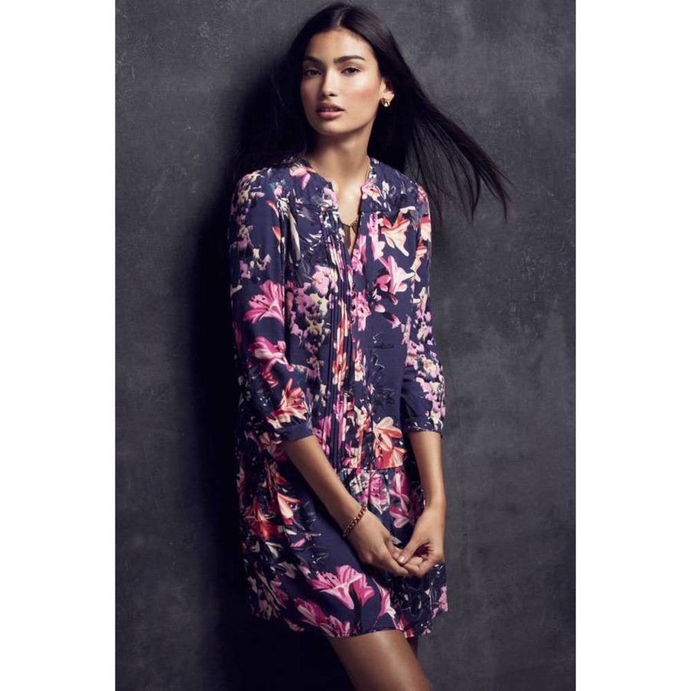 Anthropologie Maeve Caravane Tunic Dress Sz XS Floral Quilted Pleated Navy Blue